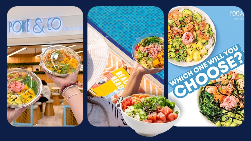 Poke bowls shot from above with bright, contrasting ingredients